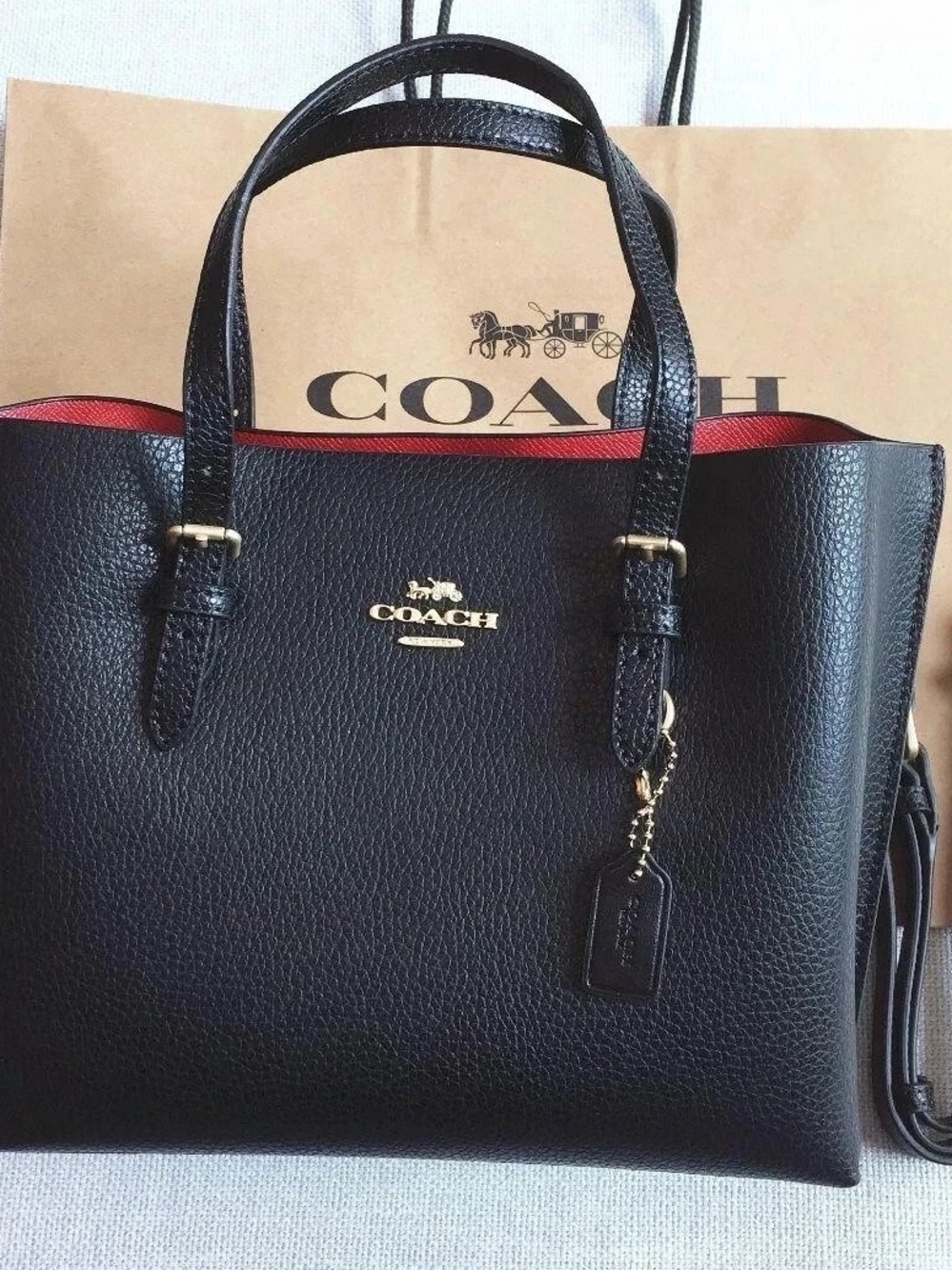 Coach Black Mollie Pebbled Leather Tote with Red Interior Trim NWT